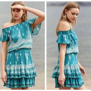 Jaase Womens Mini Dress Medium Teal Blue Tasseled Hem Ruffle Western Bohemian